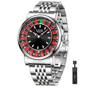 SACOSDING 남성용 시계, 유니크 룰렛 스타일 쿼츠 아날로그 45MM 빅 페이스 합금 방수 발광 정교하고 내구성이 뛰어난 가죽 스트랩, 캐주얼한 패셔너블 손목 시계