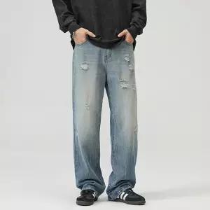 남성 루즈핏 와이드핏 청바지 찢청 워싱 패턴 와이드 캐주얼 데님팬츠 롱 스포M5