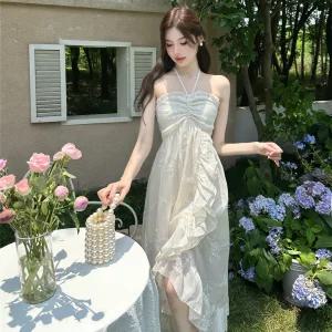 여자원피스 허리조임 프릴 휴가 바캉스 롱스커트 해변룩 홀터 원피스 심쿵희망