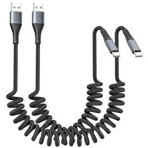 [미국배송] 자동차용 FOXSEA 2팩 USB C 충전기 코일형 A TO USBC 케이블 접이식 - 아이폰호환 17/16/15 시리즈/픽셀/모토/LG호환 등을 위한 3A 고속 충전 및 엉킴 없는 땋은 타입C 코드 (유연한 13FT)