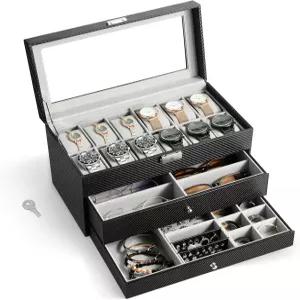 시계 상자 정리함 남성 여성용 유리 뚜껑이 있는 3겹 식 선글라스 보석 핀 커프링크 반지 블랙용