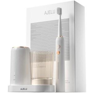 AJELU 건조 및 살균 홀더가 있는 전동 칫솔 세트, 교체용 브러시 헤드 8개, 투명 헹굼 컵, 스마트 타이머, USB 충전식