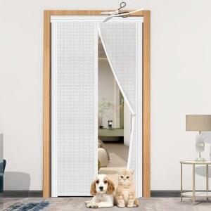 DIY 조절 가능한 단열 도어 커튼 핏 크기 너비 29인치 - 34인치 높이 79인치 82인치 강화 자기 스크린 도어, 잠금 가중 하단이 있는 핸즈프리 스크린, 흰색
