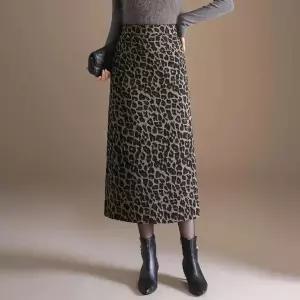 미니코코네 여자 정장 스커트 가을 겨울 호피무늬 모직 힙업 트임 허리 밴딩 롱 두툼한 슬림핏 DOS4