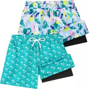 네부키넥스 2팩 남자 수영 트렁크 컴프레션 라이너 포함 청소년 반바지 퀵 드라이 수영복 비치