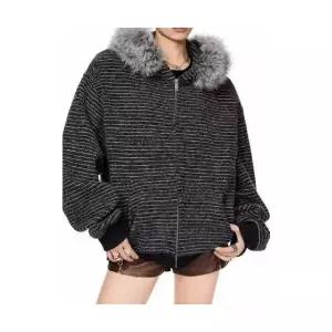 여자맨투맨티 빈티지 스트라이프 퍼 후드 가을 겨울 캐주얼 카디건 상의 트렌드 ible4