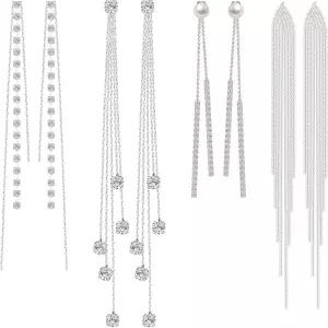 4쌍의 긴 태슬 댕글 드롭 귀걸이 여성 메탈 체인 가짜 크리스탈 펄 라인스톤 결혼식 공식 보석