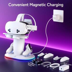 Meta Quest 2/3/3S VR 헤드셋 컨트롤러 고속 충전 도크 디스플레이 스탠드(충전식 배터리 2개 포함) 베이스