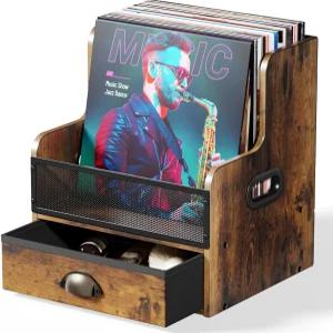 서랍이 있는 JunVpic 비닐 레코드 보관함 나무 및 금속 홀더 박스 가정용 LP 앨범 정리함 데스크탑