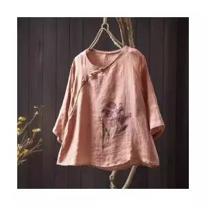 여자 데일리 롱루즈핏티 앤티크룩 빈티지 사선 집게 모시 칠부 셔츠 루즈핏 라운드 풀오버 SPO마켓5