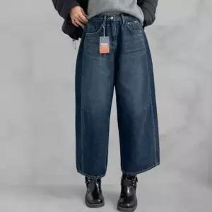 여성 절개 와이드핏 9부 크롭 겨울 기모 데님팬츠