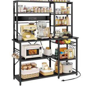 슈퍼자레 대형 베이커 랙, 전원 콘센트, 6단 전자레인지 스탠드, 12개의 S자형 후크가 있는 커피 바, 와이어 바구니가 주방 선반, 47.2 x 15.5 66.9 인치, 블랙