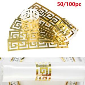 유럽 스타일 종이 냅킨 링 천 버클 할로우 패턴 서빙 골드 및 실버 웨딩 테이블 장식 50개