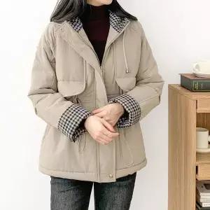 [하프클럽/옷자락]여자 빅사이즈 스트링 체크배색 사파리 후드집업 점퍼