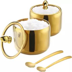 투명 뚜껑과 스푼 2팩 골드 커피 바 용기가 포함된 IBWell 10온스 설탕 그릇 주방용 스테인리스 용기
