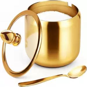 피니니아 커피 바 액세서리 유리 뚜껑과 숟가락이 있는 설탕 용기 주방 수납용 10온스 골드 그릇 소금용 병