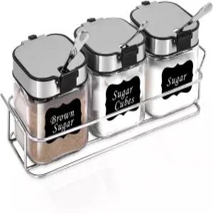 뚜껑과 숟가락이 있는 아엘가 유리 설탕 그릇 홀더가 8.5온스 용기 스테인리스 스틸 플립 뚜껑 주방용 소금