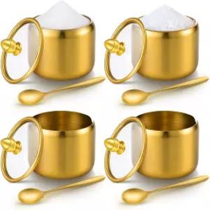 뚜껑과 숟가락이 포함된 10온스 금 설탕 그릇 4팩 커피 바 주방 액세서리 식품 보관 용기용 내구성 있는