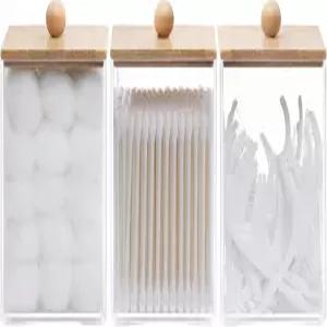 Tbestmax 3팩 사각 큐팁 홀더 - 12온스 욕실 정리함 및 보관 용기 면봉 치실용 대나무 뚜껑이 있는
