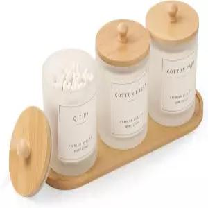 3팩 큐팁 홀더 - 욕실 정리함 및 보관함 트레이가 있는 면봉 디스펜서 뚜껑이 유리 약병 치실 픽을 위한