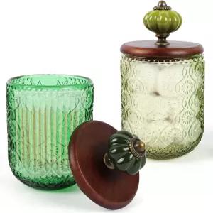 커누머 2팩 그린 큐팁 홀더 - 뚜껑이 있는 유리 약병 디스펜서 화장솜용 욕실 수납 정리함 면봉 패드 치실