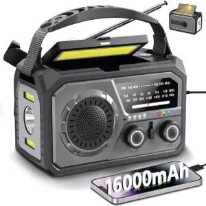 16000mAh 파워 뱅크가 장착된 태양광 비상 크랭크 라디오 - NOAA 기상 경보 핸드 다이너모 AM/FM 휴대용