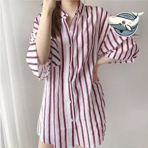 여성용 스트라이프 린넨 반팔 셔츠 여름 루즈핏 mkS5+9KgK