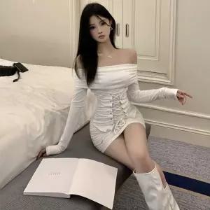 앤트맨 여성 플리츠 투피스 일자 숄더 원피스 타이트 랩 스커트 가을 겨울 OPH4