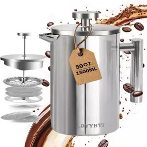 LRYBTI 프렌치 프레스 커피 메이커 저울 라인이 있는 304 스테인리스 스틸 주방 및 캠핑용 필터 2개