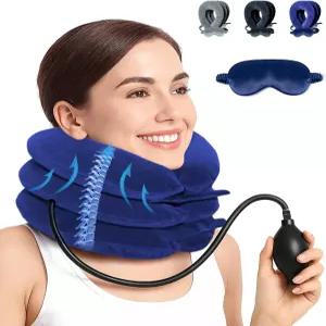 목 스트레칭기 경추 견인 장치 - 긴장 제 조절 가능한 풍선 보호대 홈 지지 감압(다크 블루)