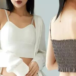 여성 크롭 디자인 탈부착 캡 내장 스모크밴딩 끈 나시