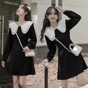 여성 쁘띠디자인 더블 배색 카라 긴팔 미니 원피스