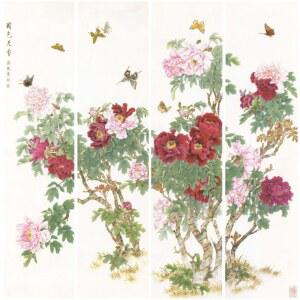 동양화 도안 모란도 4폭 한국화 고화질 원본 병풍 스케치 다이아몬드 초안 그리기 민화도안