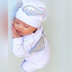 무라식  신생아 아기 왕관 보석 선물 세트 3종 날개 의상 0-3개월 파자마 모자 벙어리장갑 속싸개 환영 홈