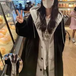 여성의류 겨울 캐주얼 오버핏 양털 블랙 레이어드 후드 롱 코트