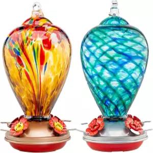 라엘리비쉬 가든 2팩 야외용 벌새 모이통 및 벌 방지 34OZ 32OZ 핸드 블로우 글래스 모이통노란색 파란색