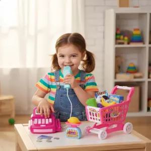 3세 이상 쇼핑 카트 장난감 세트 음향 효과가 있는 금전 등록기 계산기 스캐너 음식 및 돈 놀이 40개