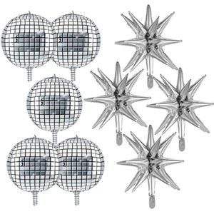 HYH N 9Pcs 디스코 볼 풍선 및 스타 포일 마일라 콘 스파이크 폭발 22인치 메탈릭 실버 원형 70년대 80년대 테마의 파티 장식