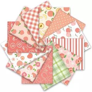 Whaline 피치 코튼 패브릭 번들 12개 핑크 그린 복숭아 꽃 체크 무늬 팻 쿼터 여름 퀼트 패치워크 DIY 재봉