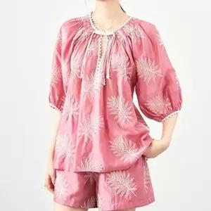 여성셔츠 프렌치 로맨틱 꽃자수 셔츠 상의+하이웨스트 숏팬츠 세트 투피스 OP5