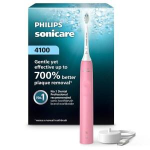 Sonicare 4100 충전식 전동 칫솔, 압력 센서 포함, 2가지 강도 설정, 스마트 타이머 및 쿼드 페이서, 14일 배터리 수명, 딥 핑크, 모델 HX3681 /26