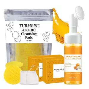 강황 워시 및 케어 세트, 브러쉬가 있는 강황 페이스 워시, 포밍 페이셜 클렌저 및 레몬 비누 2바  클렌징