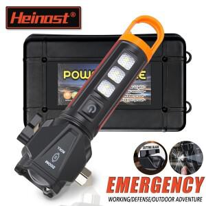 안전 해머 및 안전벨트 커터가 포함된 전술 LED 손전등 SOS 레드 스트로브 야외 EDC 방어용 충전식 생존 장