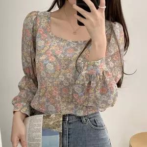 여성 꽃무늬 플라워 벌룬 쉬폰 블라우스 스퀘어넥 샤랄라 스러운셔츠 쉬블라우스