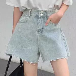 컷팅포인트 여성 하프팬츠 Y2K 빈티지 반바지 2단추 경량 얇은청 데님 캐주얼 Y2K청 연청 레트로