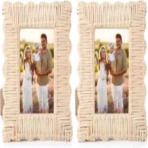 벽 테이블탑 디스플레이를 위한 라인쉐이딩 2팩 스캘럽 직조 위커 그림 프레임 4 x 6인치 라탄 사진 가족