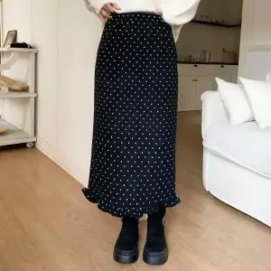 아트박스/신상오픈런 여성 도트 프릴 밑단 울혼합 롱스커트