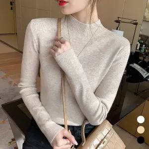 여자 기본 슬림 스타일 반목 긴팔 니트 티셔츠 URK-533골지폴라 폴라 여성가을 목티 핏셔츠 이너 반티