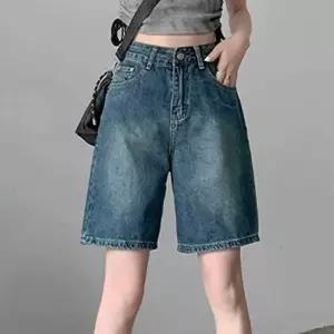 빈티지라인 데님팬츠 하프 A핏 여성 반바지 체형커버 A청 청반 캐주얼 연청