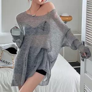 빈티지 감성 니트 티셔츠 시스루 긴팔 루즈핏 보트넥옵 페미닌 캐주얼 꾸안꾸룩 데일리 나시위레이어드 휴